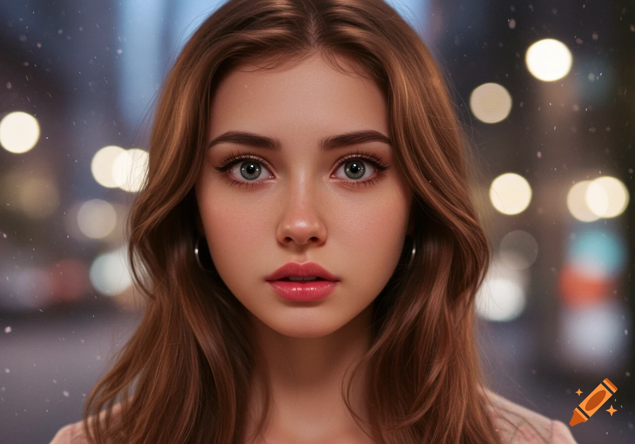 Photorealistic close-up portrait of a young woman with brown hair and blue-green eyes against a blurry city night background.