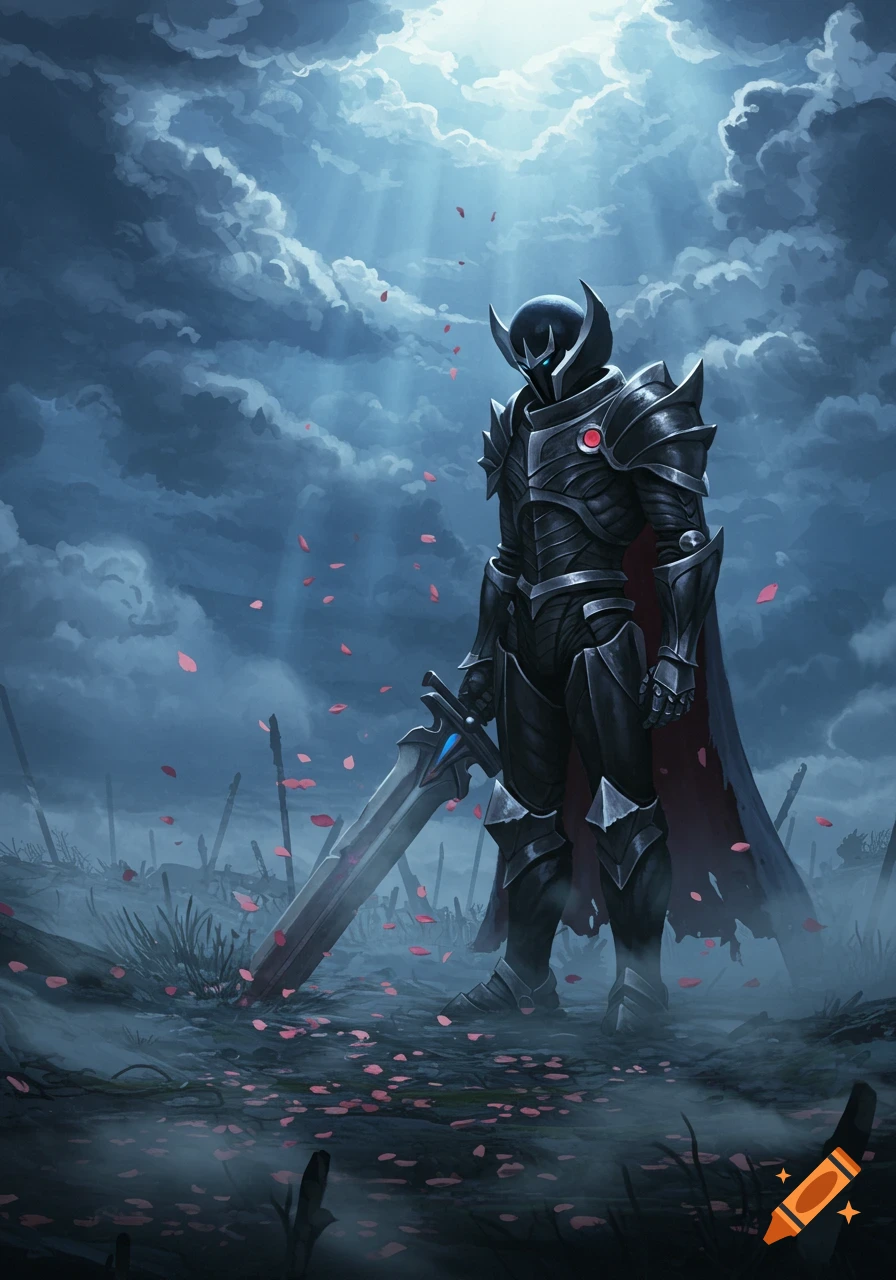 A dark armored knight stands on a misty battlefield strewn with red petals, holding a large sword under a cloudy sky with light rays.