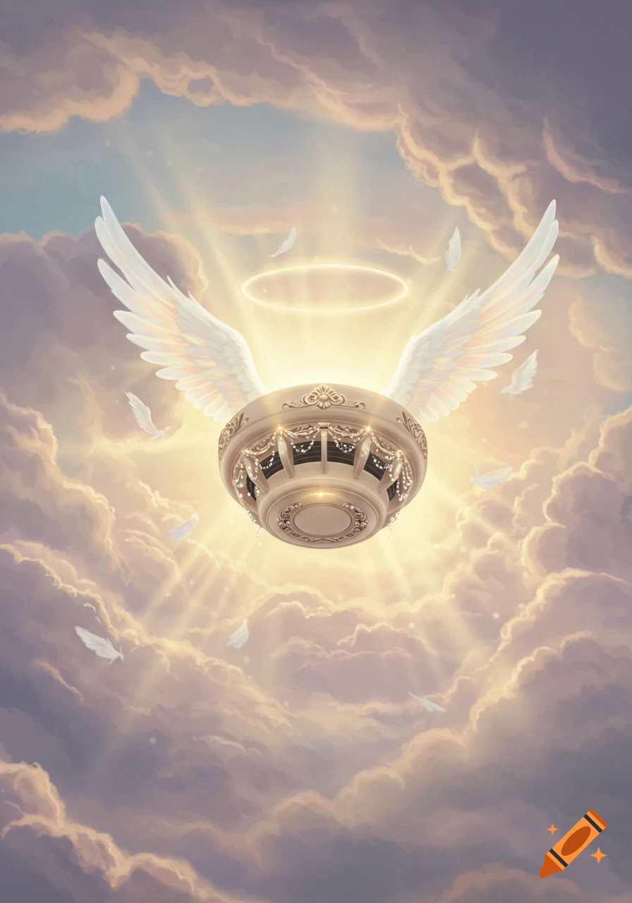 A golden smoke detector with white wings and a glowing halo floats in a dreamy, cloudy sky with sun rays.