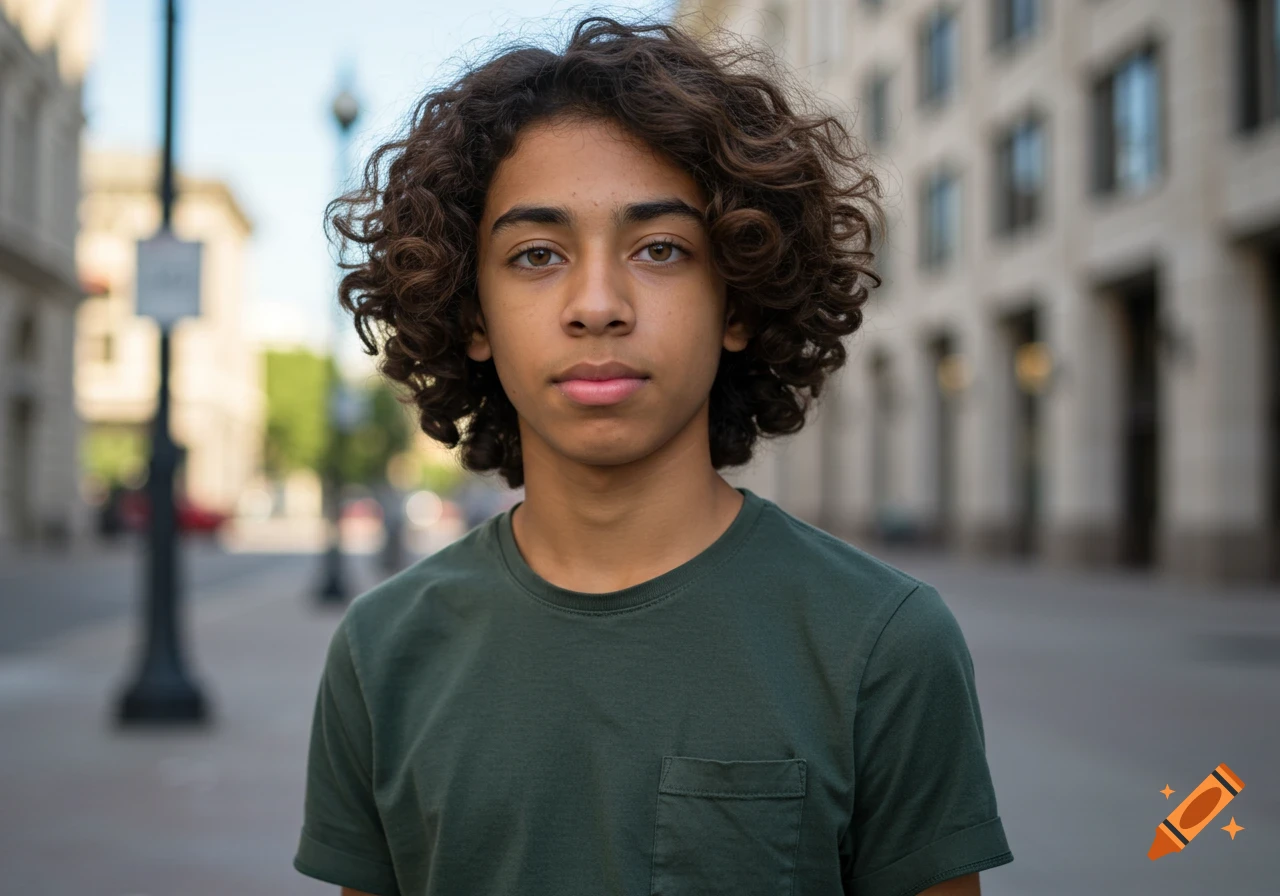 A young boy with curly brown hair and a dark green t-shirt stands on a city street.