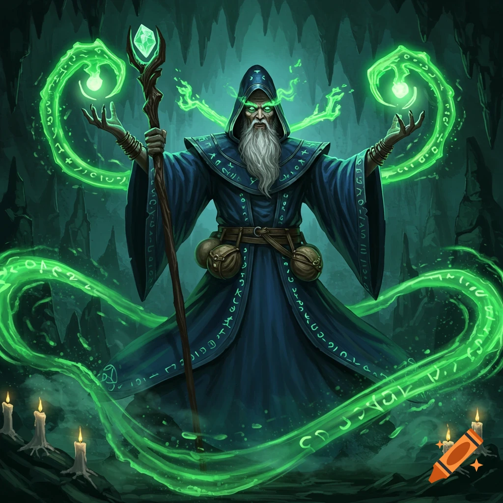 A wizard in a blue robe with a long white beard casts green magic in a dark cave.