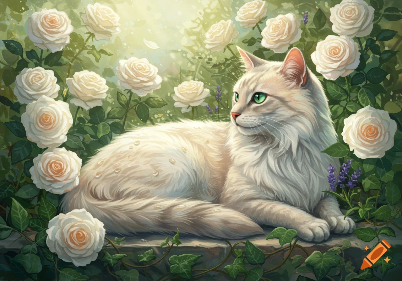 A white cat with bright green eyes rests among white roses and green foliage in an illustrative style.