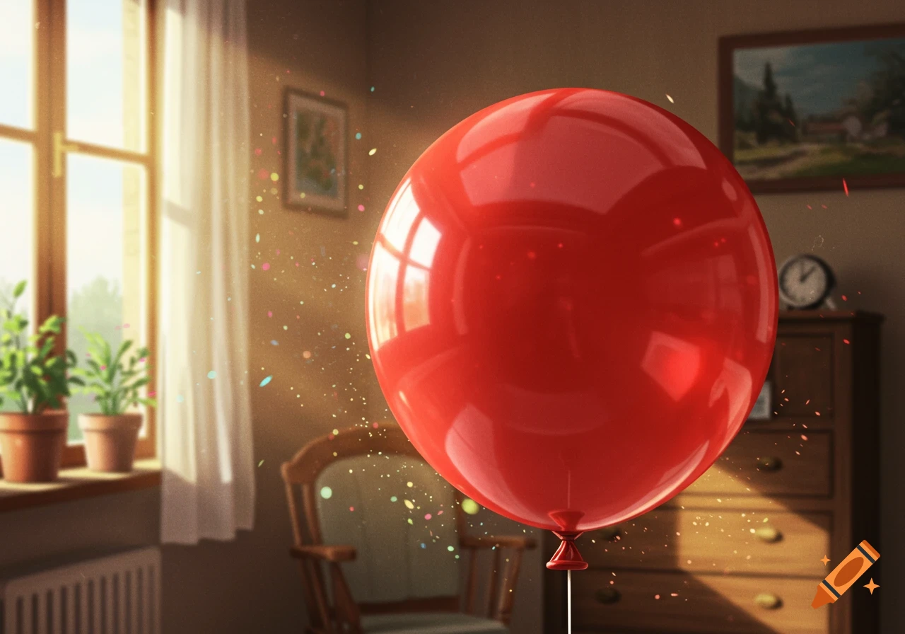 A large, shiny red balloon floats in a sunlit room with confetti particles in the air, featuring a window and furniture in the background.