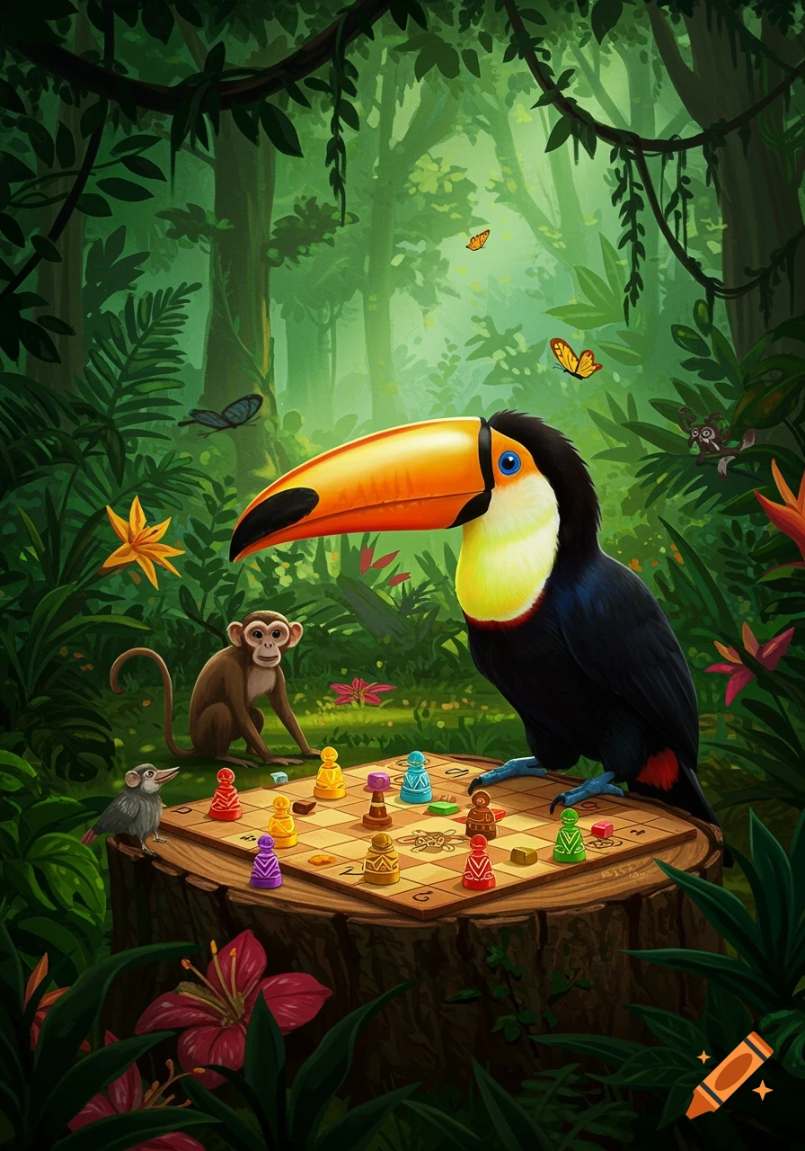 A toucan, monkey, and small bird play a colorful board game on a tree stump in a lush jungle with butterflies.