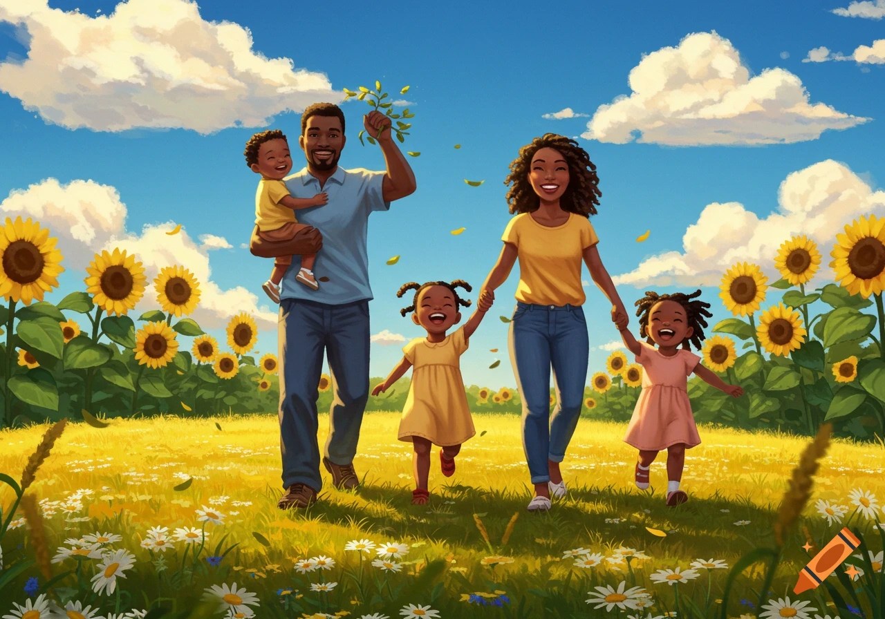 An illustrated African American family of five smiles while walking through a sunny field of sunflowers and daisies.