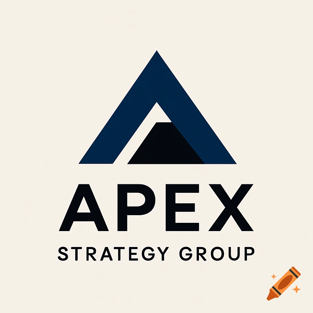 A minimalistic logo featuring a dark blue and black triangular symbol above the text 'APEX STRATEGY GROUP' on a light background.