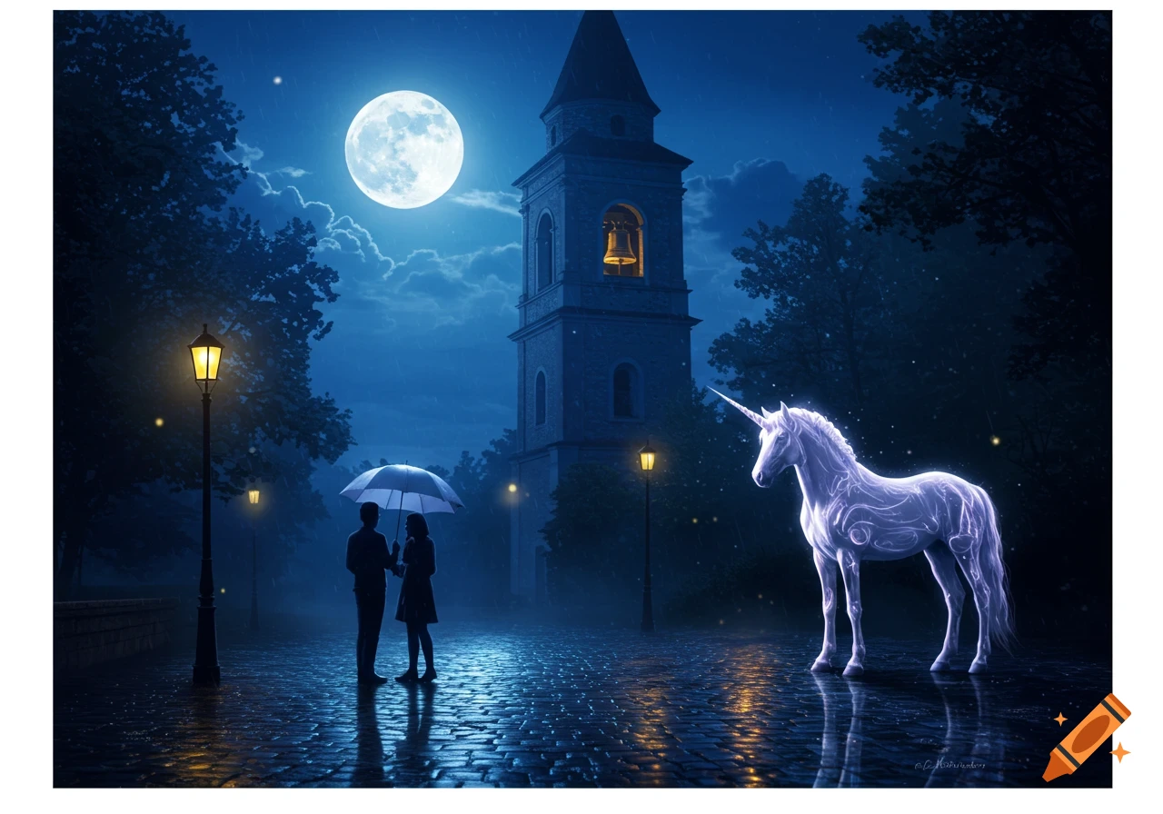 A couple shares an umbrella on a wet, cobblestone street at night, lit by streetlights and a full moon, with a glowing unicorn and a bell tower.