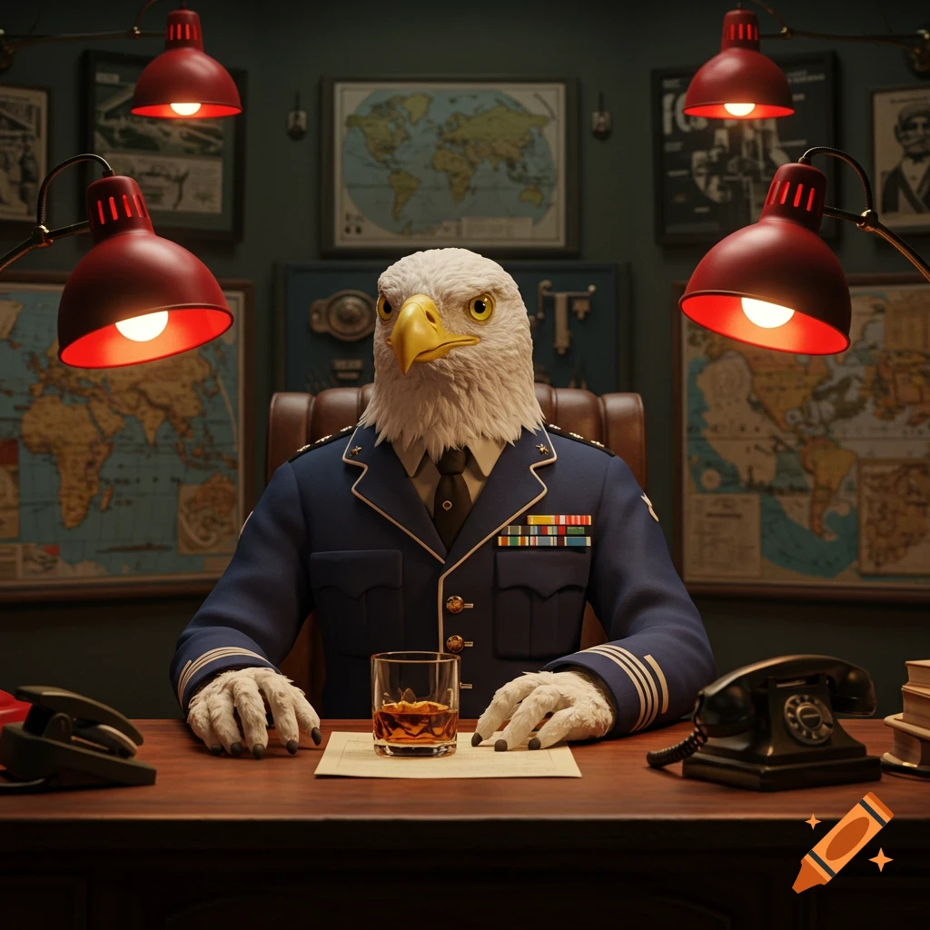 A bald eagle with a human body in a military uniform sits at a vintage desk with a glass of whiskey in a war room, maps on walls, cinematic 3D render.