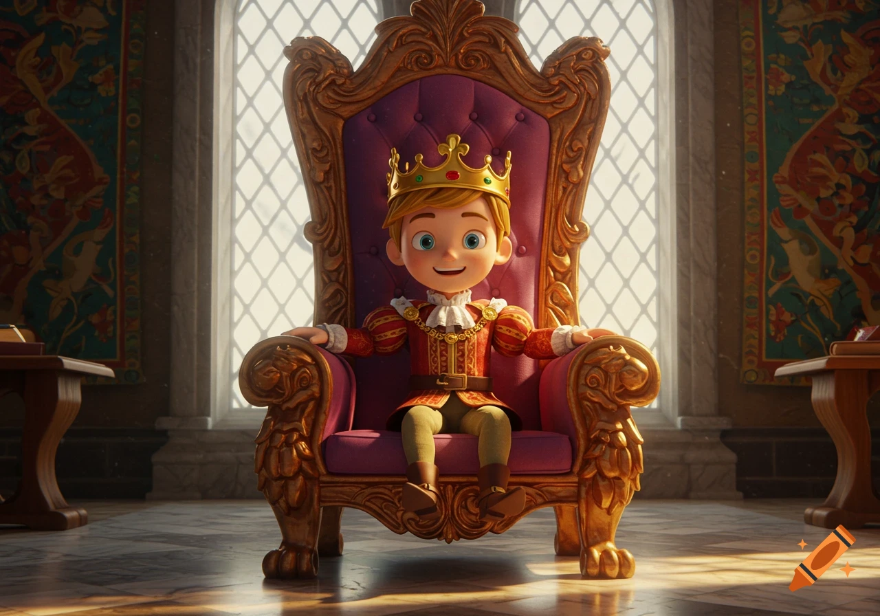 A smiling cartoon prince wearing a gold crown and elaborate red and gold attire sits on a grand purple and gold throne in a sunlit hall.