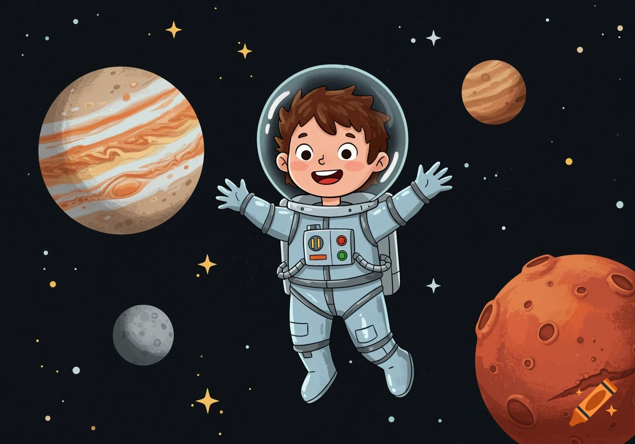 Cartoon illustration of a boy in an astronaut suit floating in space with colorful planets and stars.