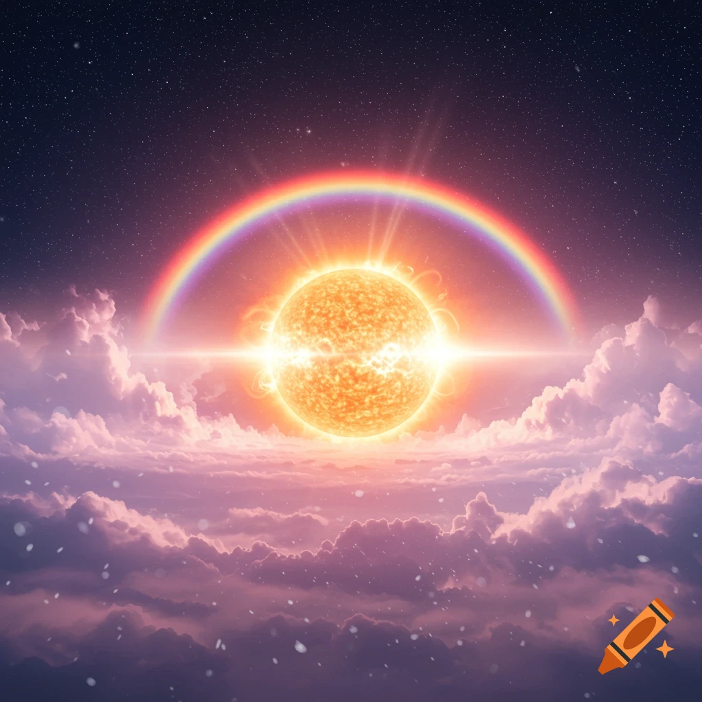 A bright, glowing sun with a rainbow arching over it, above purple and pink clouds in a starry night sky.