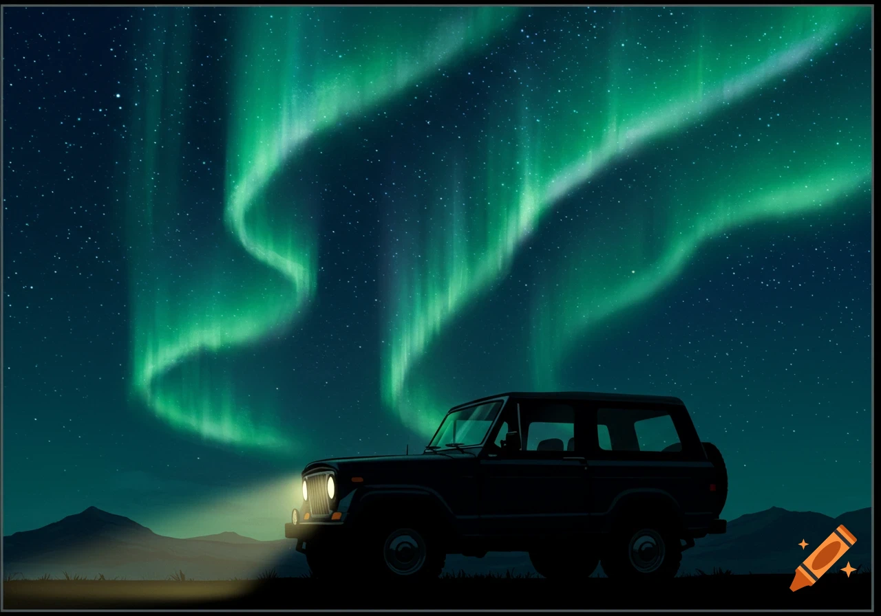 A vintage jeep parked under vibrant green aurora borealis in a starry night sky with mountains in the background, illustrated.