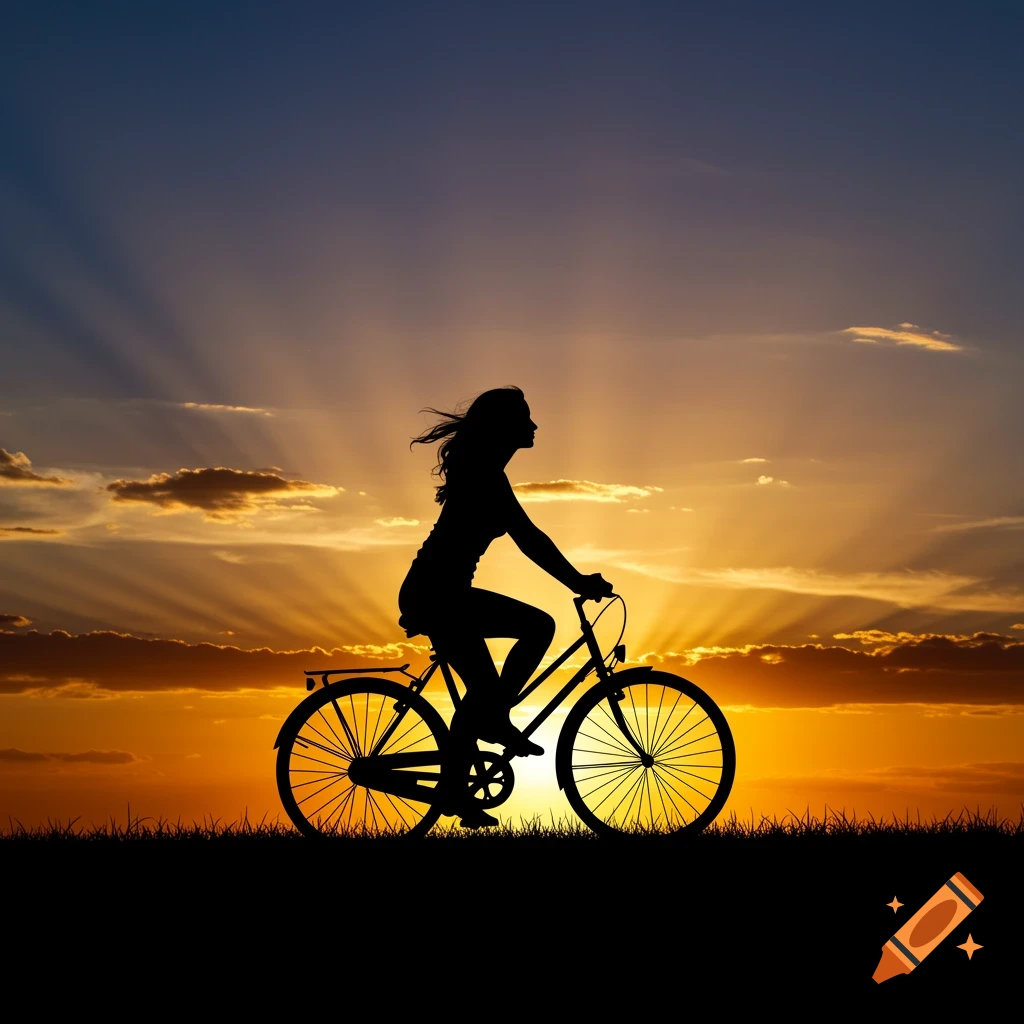 Silhouette of a person cycling on a grassy hill against a vibrant orange and blue sunset with sun rays.