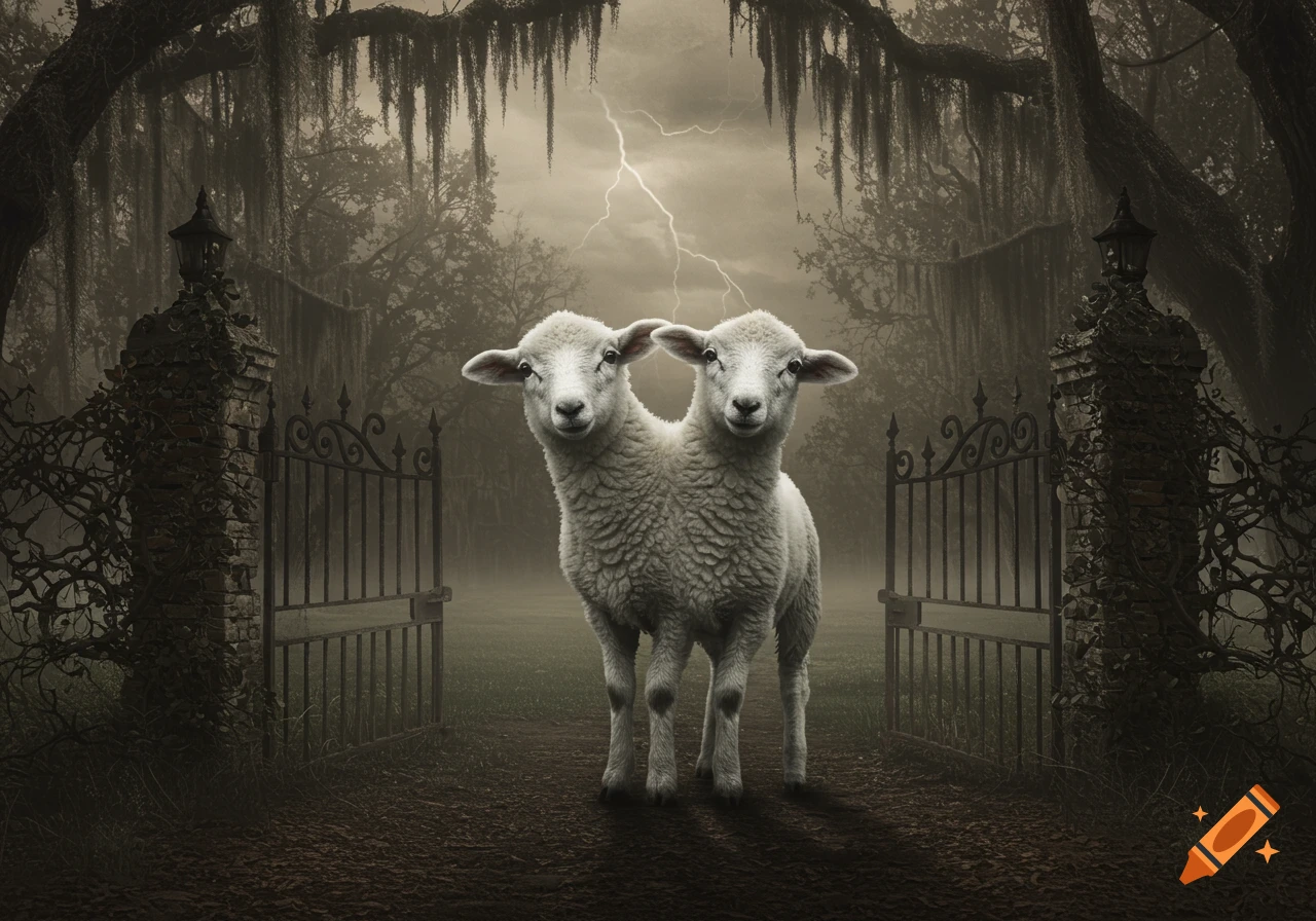 A two-headed lamb stands at an open, ornate gate in a dark, moss-laden forest under a lightning-filled sky. Photorealistic style.