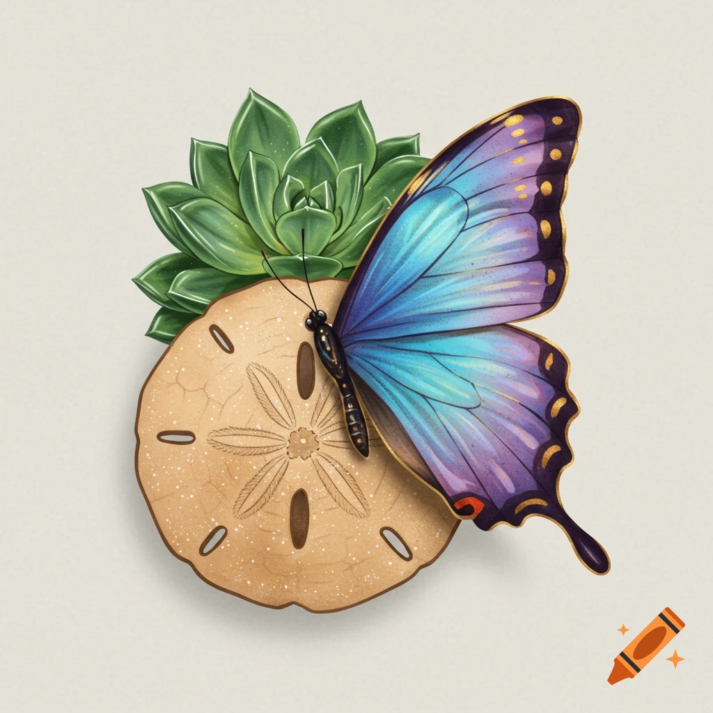 A vibrant blue and purple butterfly with golden accents rests on a beige sand dollar, with a green succulent behind it, on a light background.