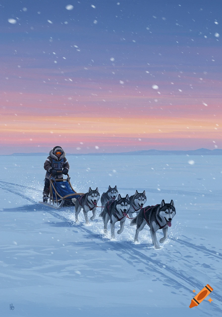 A person on a dog sled pulled by five huskies across a snowy landscape under a colorful sunset sky.