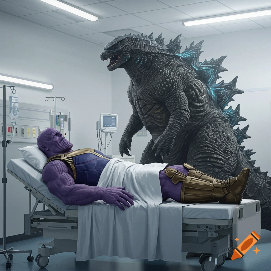Thanos lies on a hospital bed while Godzilla stands beside him in a detailed, photorealistic hospital room.