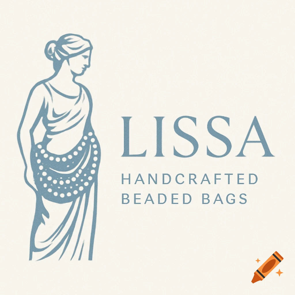 A logo featuring a stylized ancient Greek woman in profile with a beaded garment, next to the words "LISSA HANDCRAFTED BEADED BAGS" in blue.