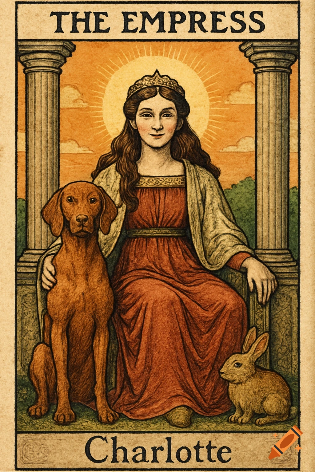 A stylized tarot card, 'The Empress', shows a woman on a throne with a brown dog and a rabbit, in a vintage, hand-drawn style.