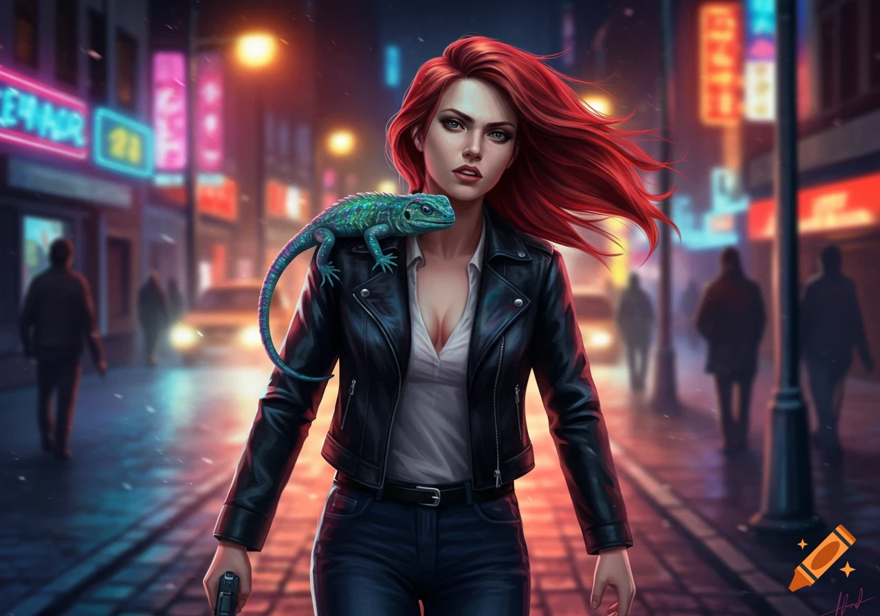 A red-haired woman in a black leather jacket walks on a rainy city street at night, with a green lizard on her shoulder and a gun in her hand. Neon signs blur in the background.