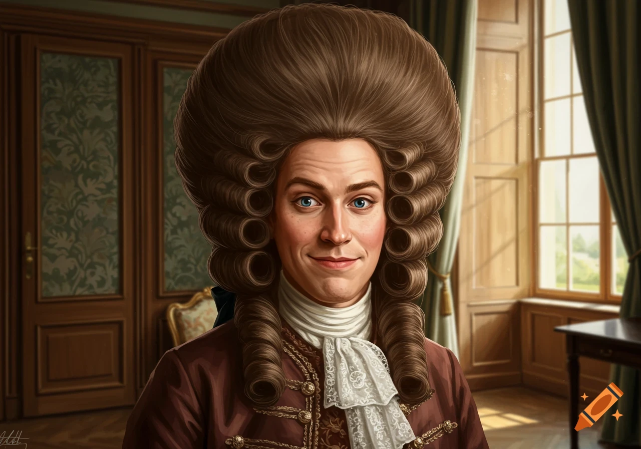 A man in an ornate brown powdered wig and 18th-century attire smiles slightly in a room with large windows and wooden doors.