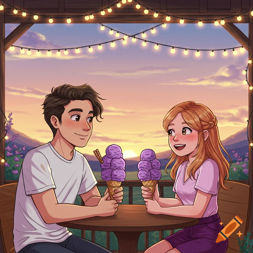 A young cartoon couple on a date eating purple ice cream cones on a balcony with string lights at sunset, overlooking mountains.