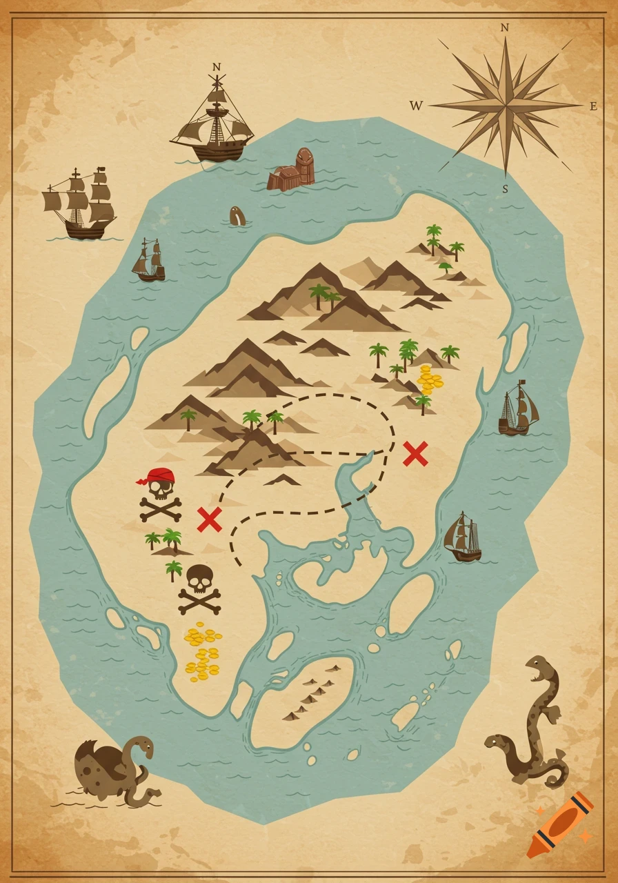 Stylized pirate treasure map of an island with ships, mountains, palm trees, skulls, gold, and sea monsters on aged paper.