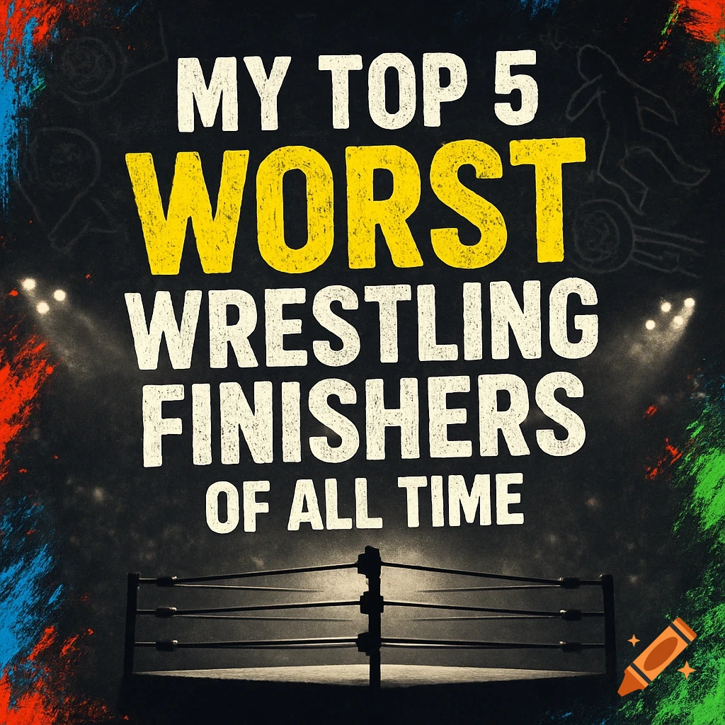 A social media graphic with white and yellow text 'MY TOP 5 WORST WRESTLING FINISHERS OF ALL TIME' above a wrestling ring on a dark background with colorful splatters.