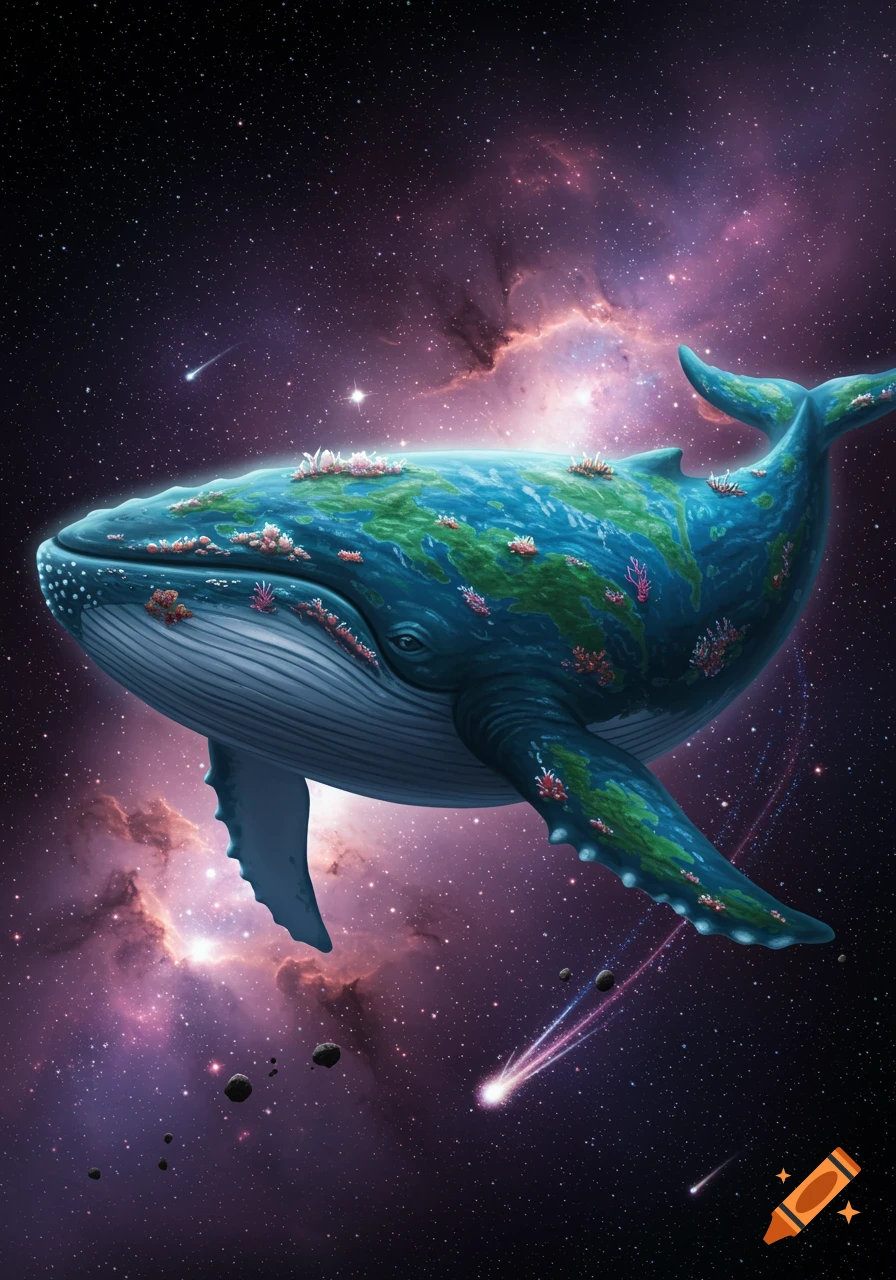 A whale-shaped planet with landmasses and coral floats through a purple nebula-filled space with stars and glowing meteors.