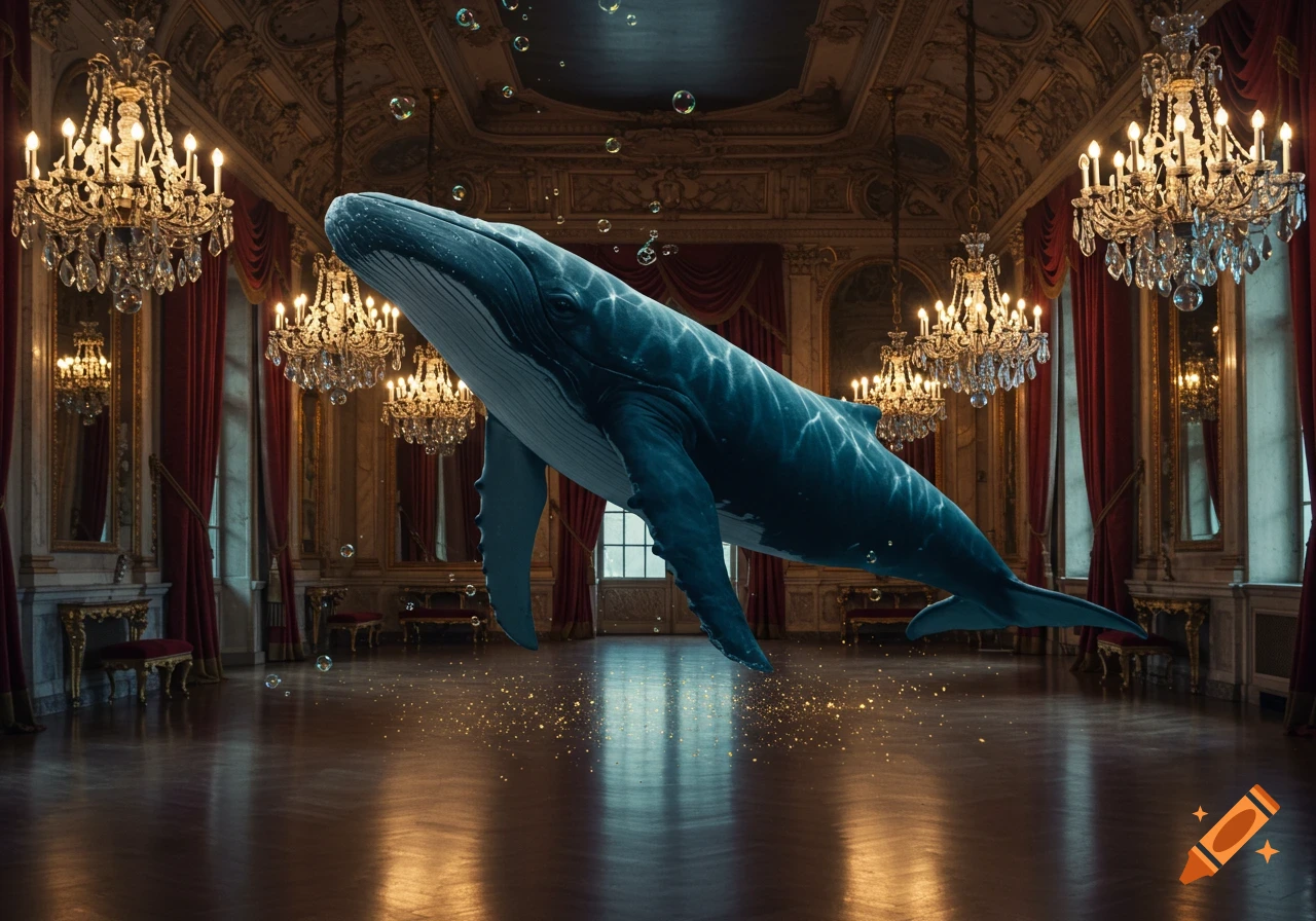 A large blue whale floats gracefully in a grand, opulent ballroom with crystal chandeliers and red velvet curtains.
