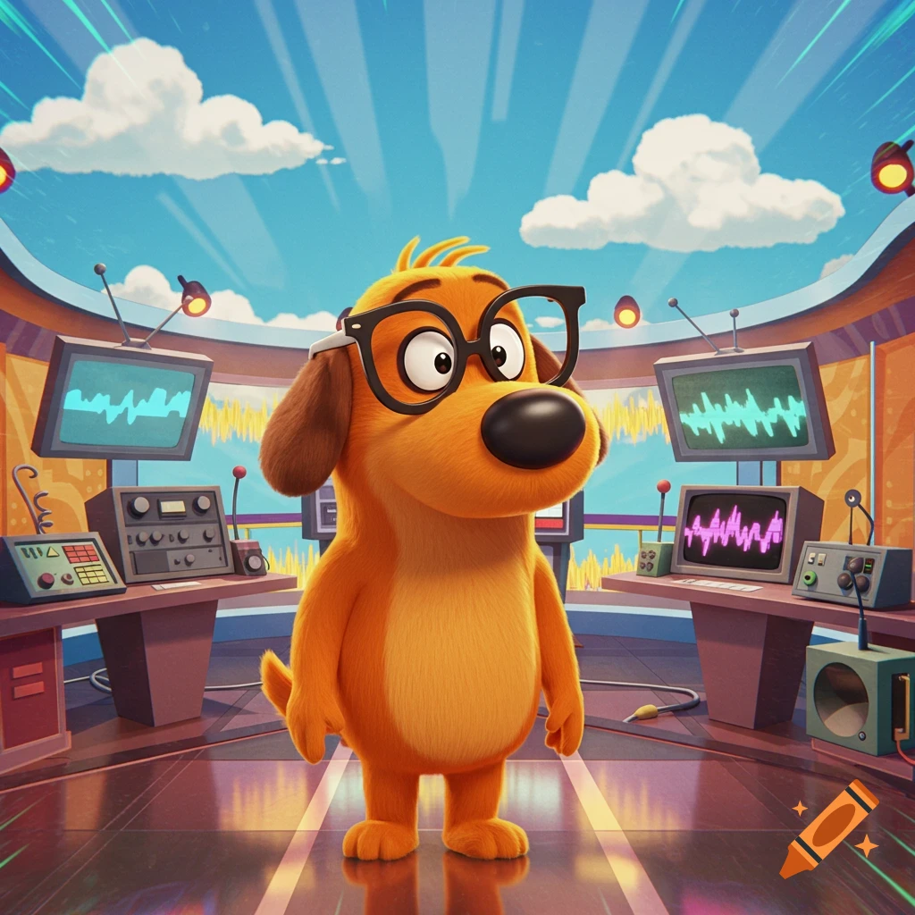 A cartoon dog with glasses stands in a control room with monitors displaying waveforms.