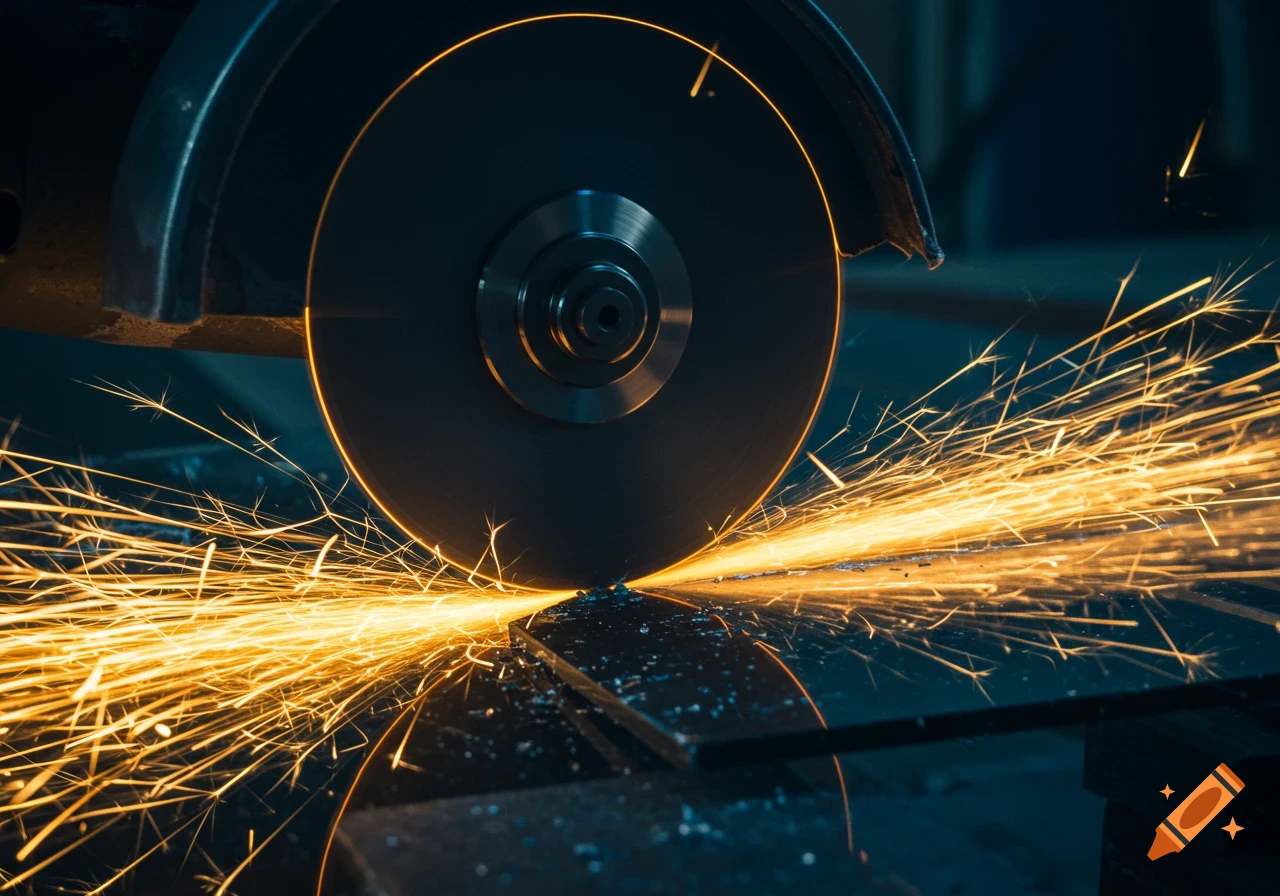 A close-up of a cutting disc generating bright orange sparks as it cuts through metal in a dark, dramatic setting.