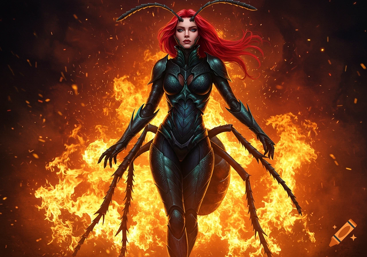 A red-haired woman in a dark, armored ant costume stands amidst a fiery explosion, depicting a powerful character.