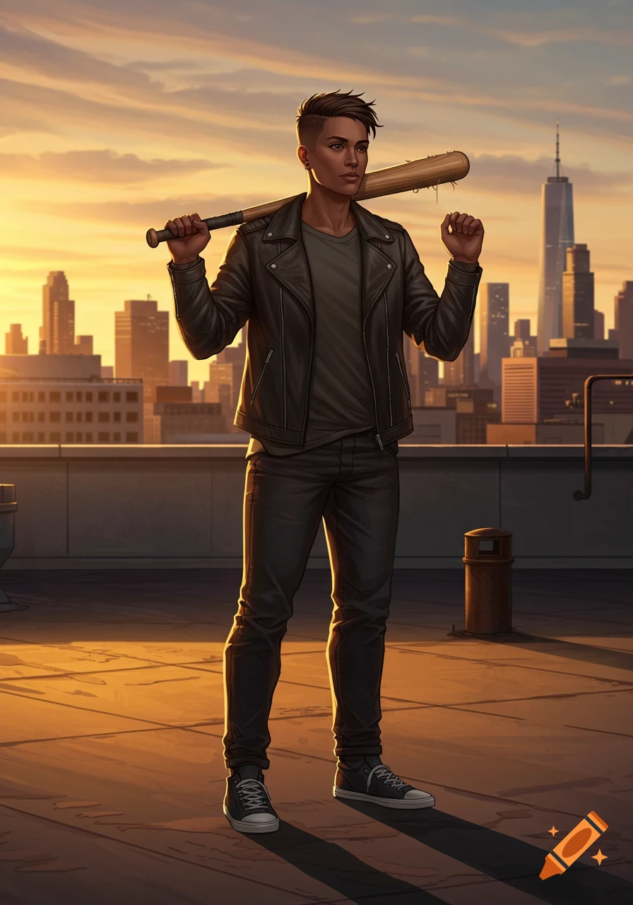 A stylized digital art portrait of a person in a leather jacket on a rooftop at sunset, holding a baseball bat over their shoulder, with a city skyline behind them.