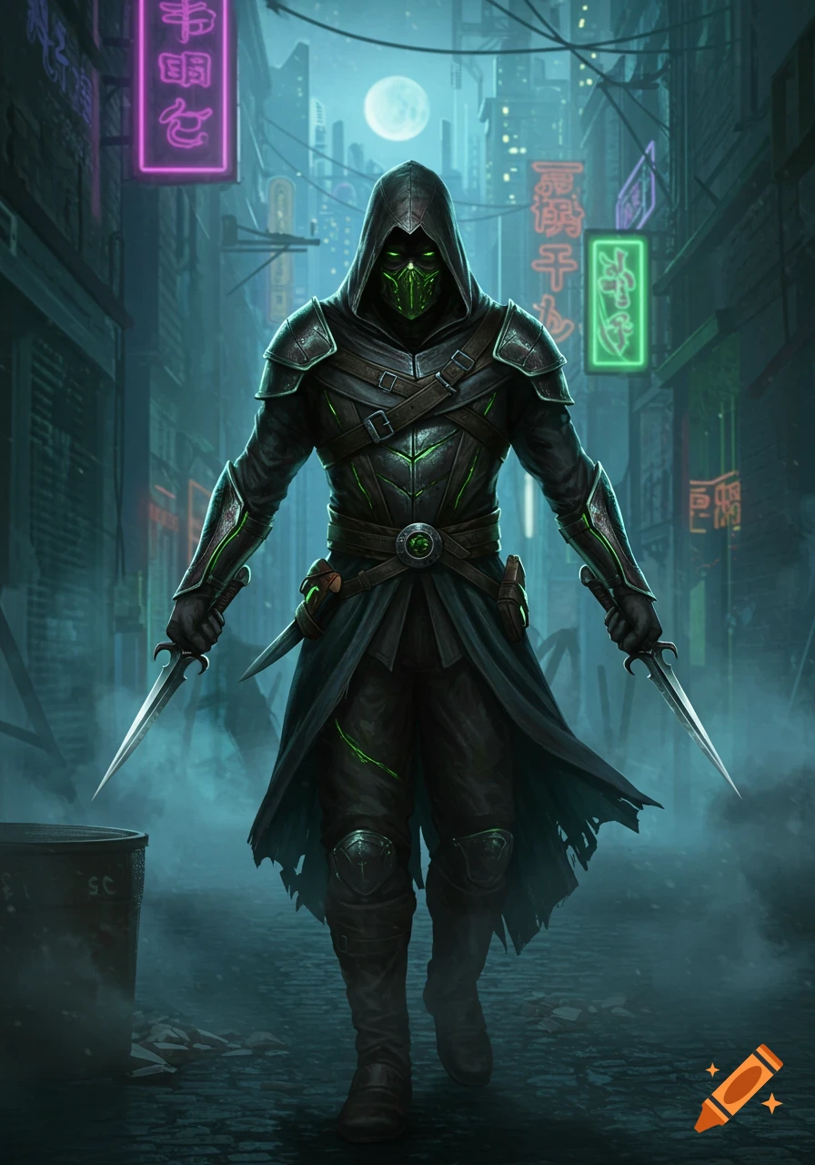 A hooded assassin in dark armor with glowing green accents holds two daggers in a futuristic, neon-lit alleyway under a full moon.