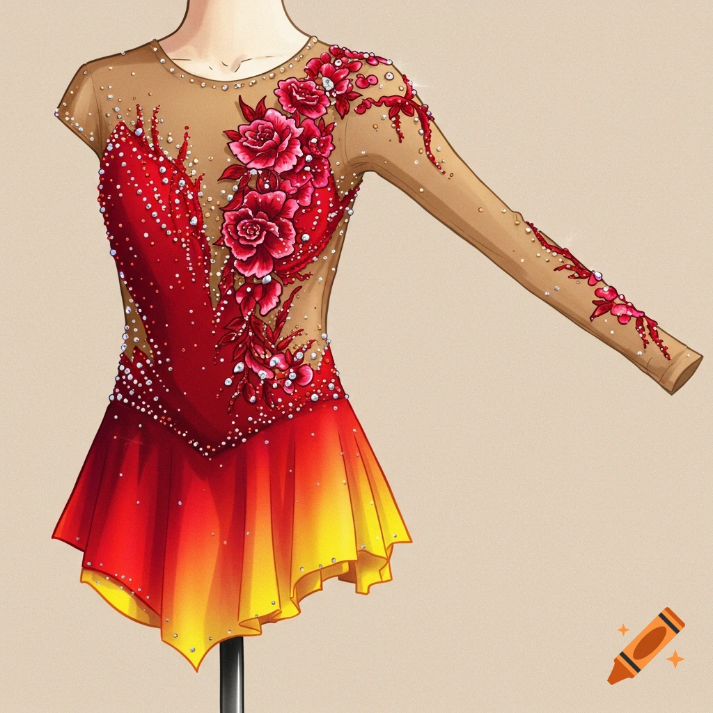 Digital illustration of a figure skating dress with a red to yellow gradient skirt, sheer top, and red floral embroidery with sequins.