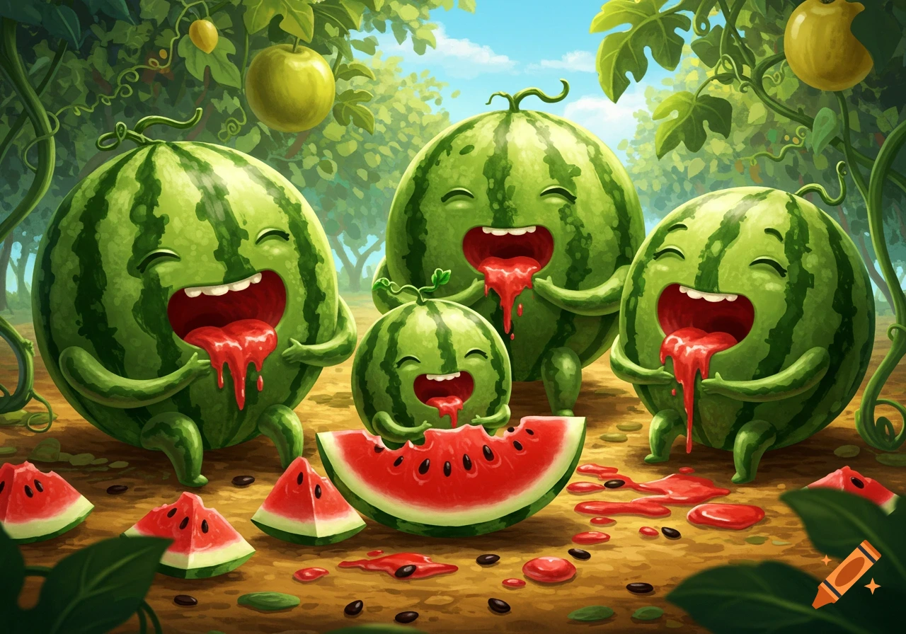 Cartoon watermelons with faces and limbs happily eat a slice of red watermelon pulp, surrounded by seeds and spilled juice in a lush outdoor setting.