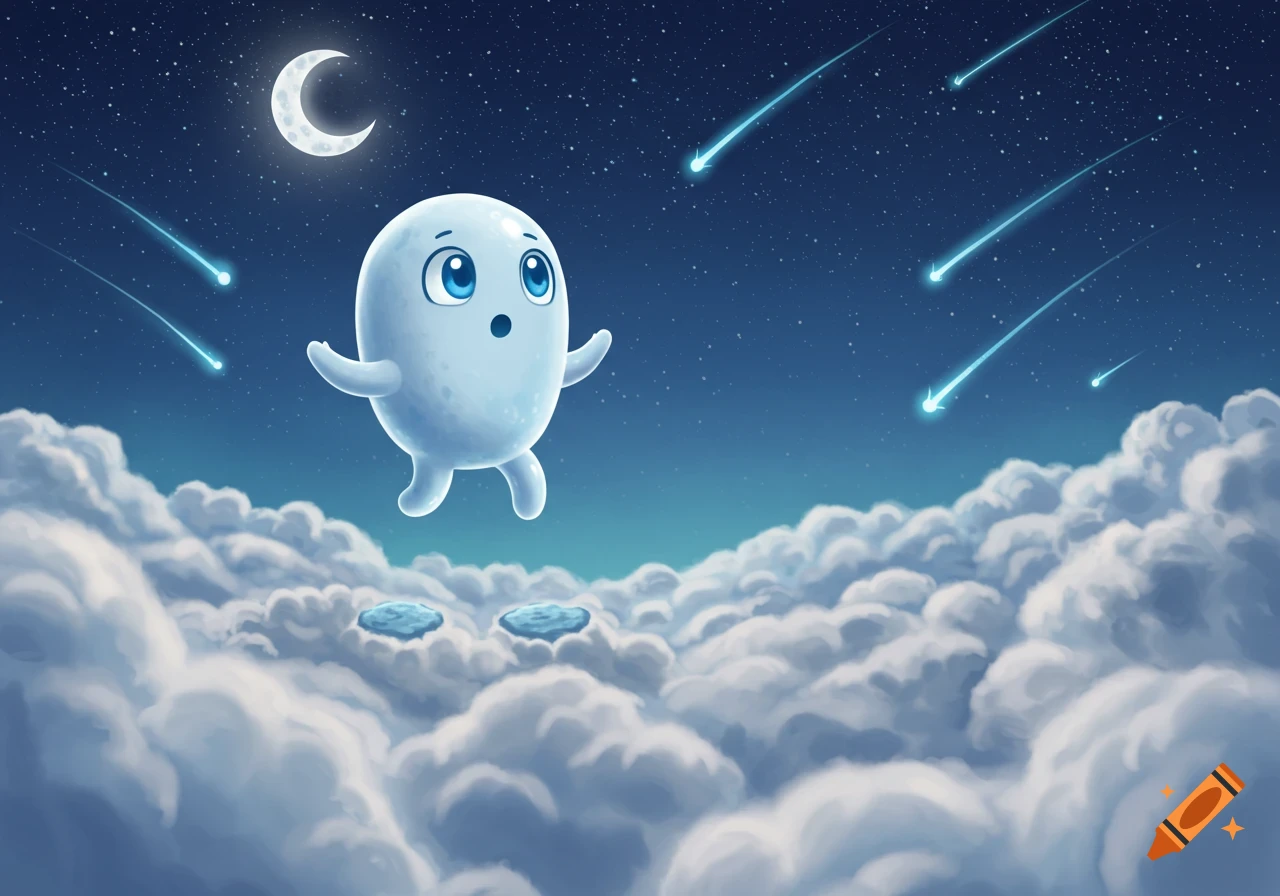A cute, round, pale blue character with large blue eyes floats above fluffy white clouds in a dark blue night sky filled with stars, a crescent moon, and bright blue shooting stars.
