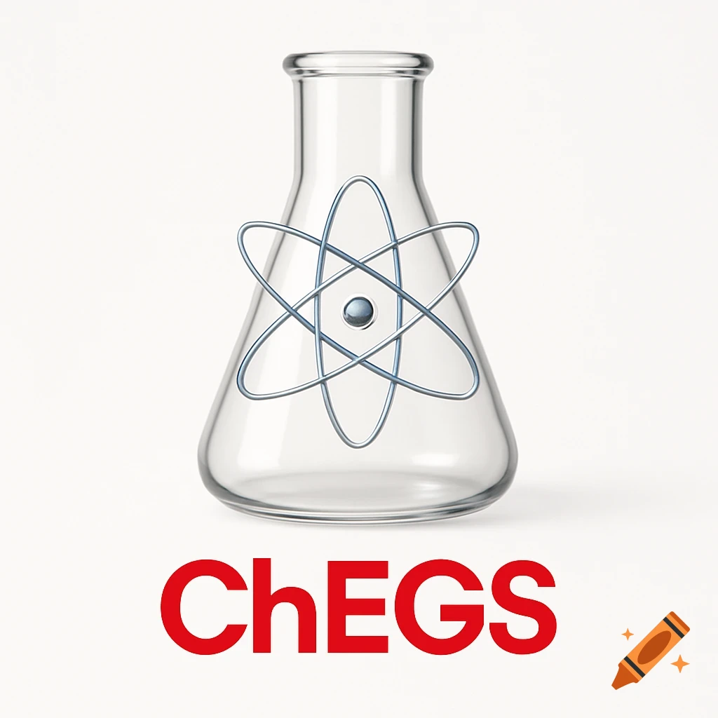 A clear glass Erlenmeyer flask with a silver atom symbol floating inside, above the red text 'ChEGS' on a white background.
