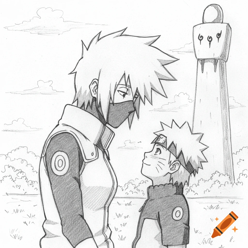 Pencil sketch of female Kakashi looking down at Naruto, with a subtle romantic implication, against a sky and a distant tower.