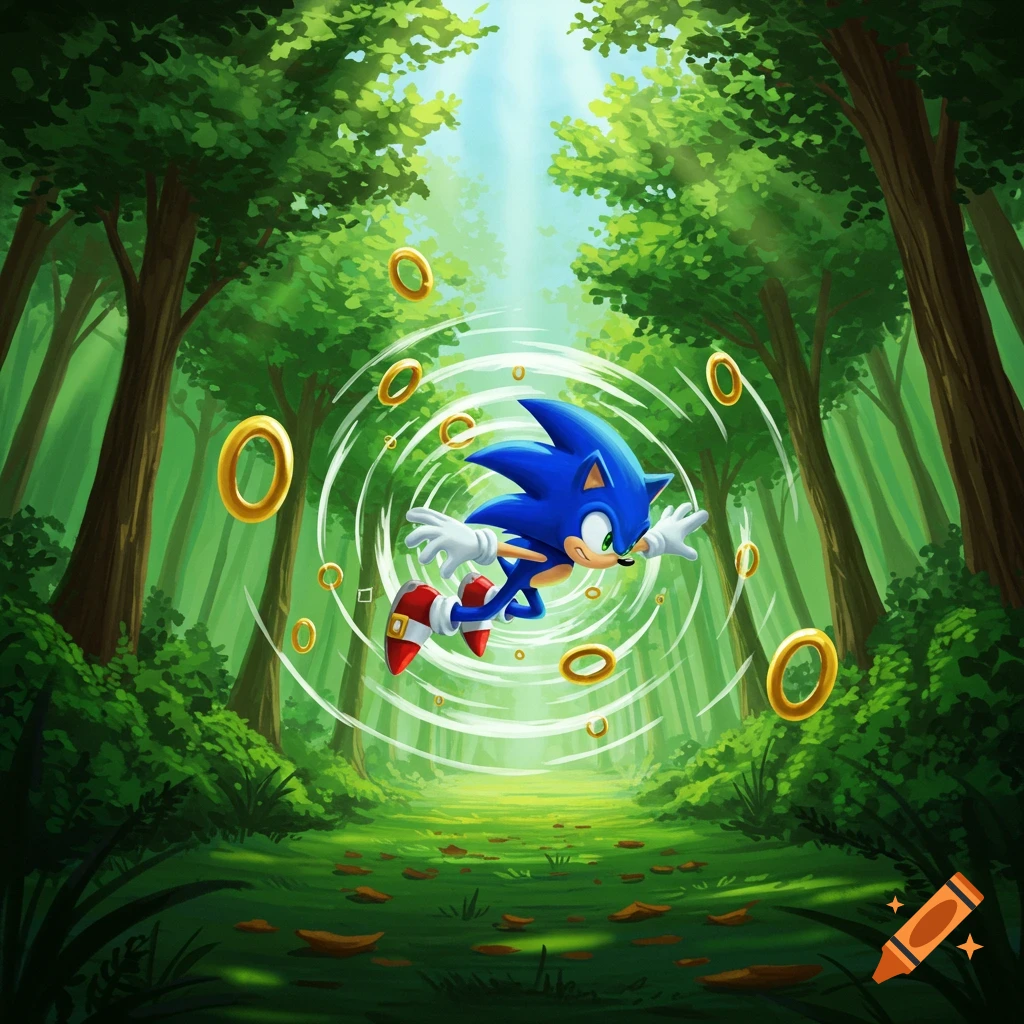 Sonic the Hedgehog runs through a vibrant green forest, surrounded by golden rings and a white energy trail.