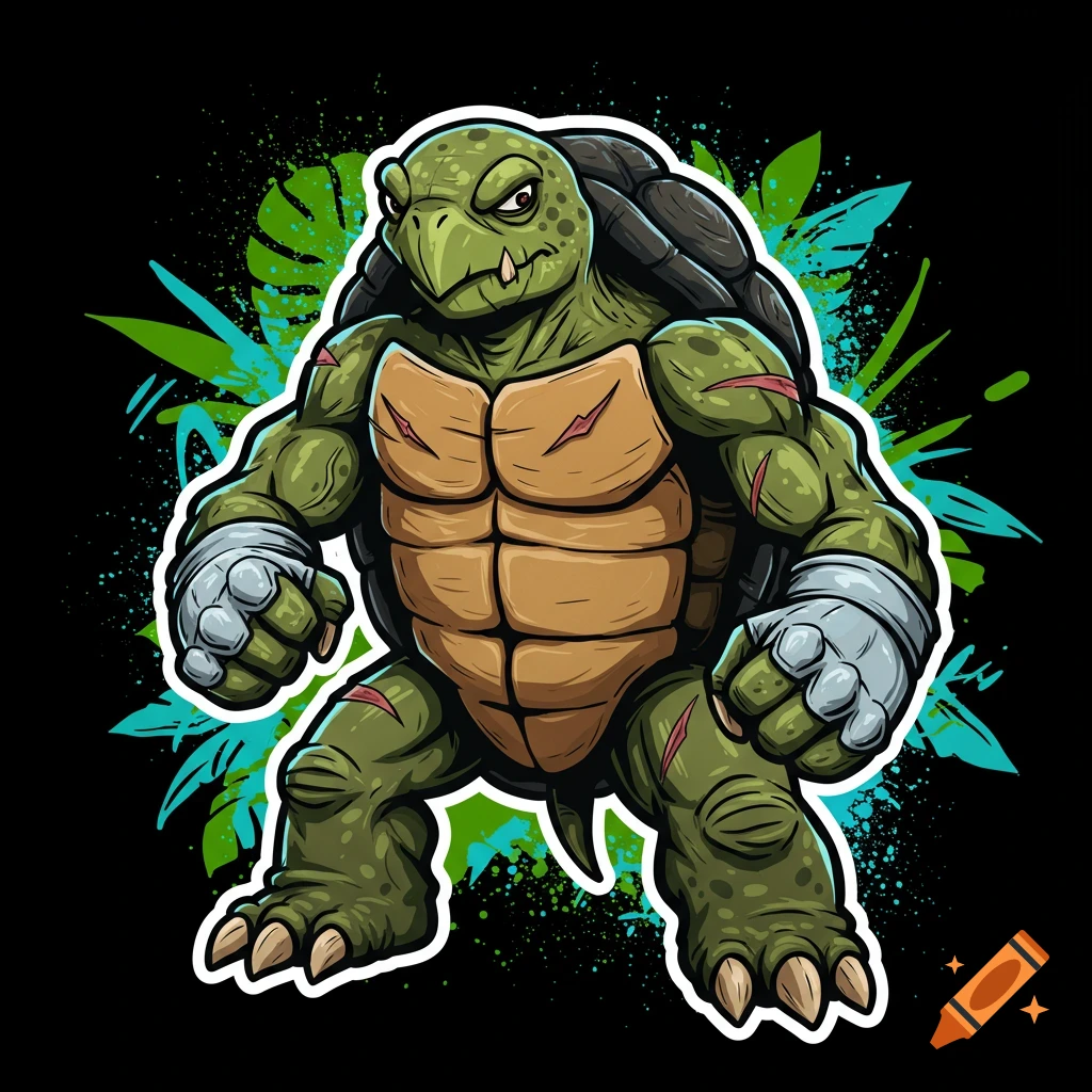 A cartoon muscular green turtle with a brown shell and wrapped fists stands against a background of green and blue paint splatters.