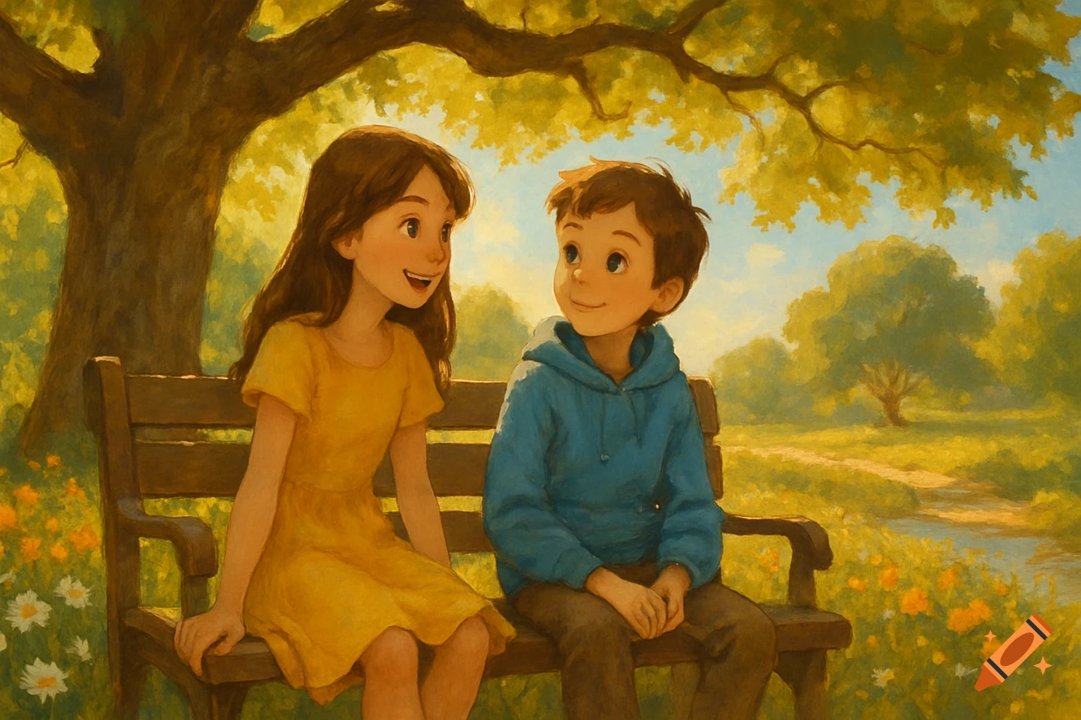 Two children sit on a park bench under a tree, bathed in golden light, in a painterly style.