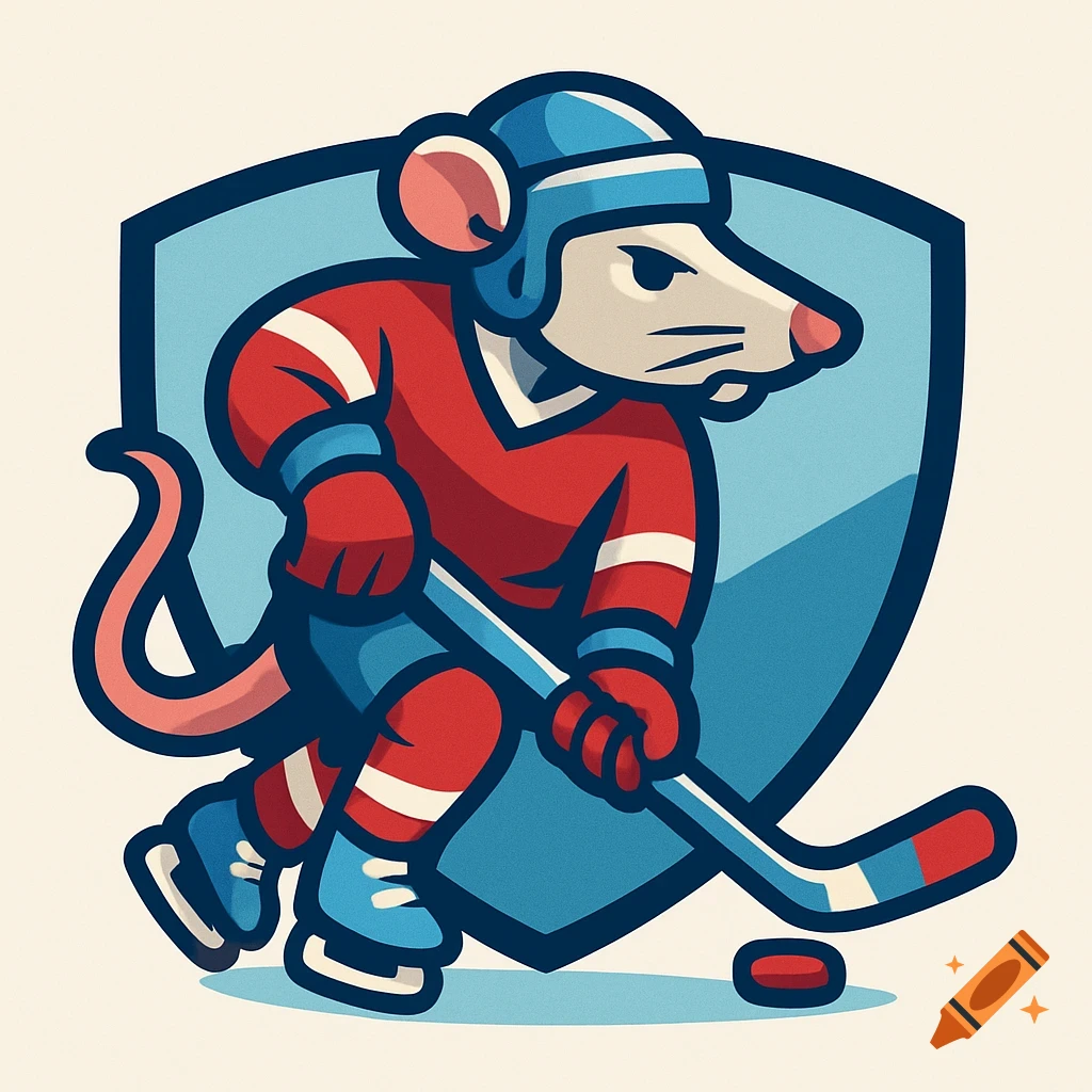 Cartoon rat in red and blue hockey uniform with stick and puck, against a light blue shield background.