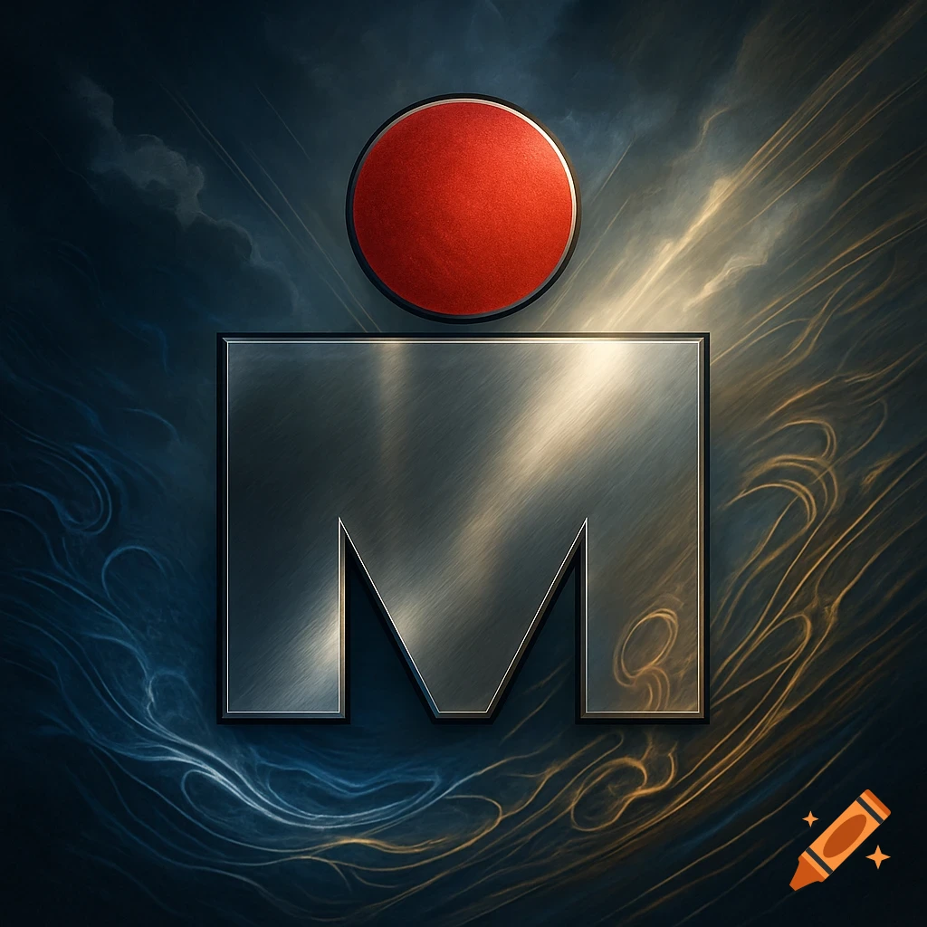 Ironman M-Dot logo featuring a red circle above a brushed metallic letter M, against a dark, swirling background.