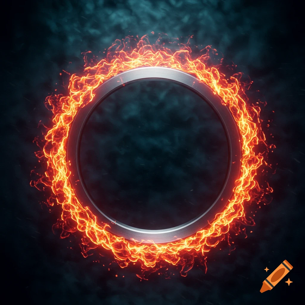 A glowing metallic circle engulfed in bright orange flames against a smoky dark background.