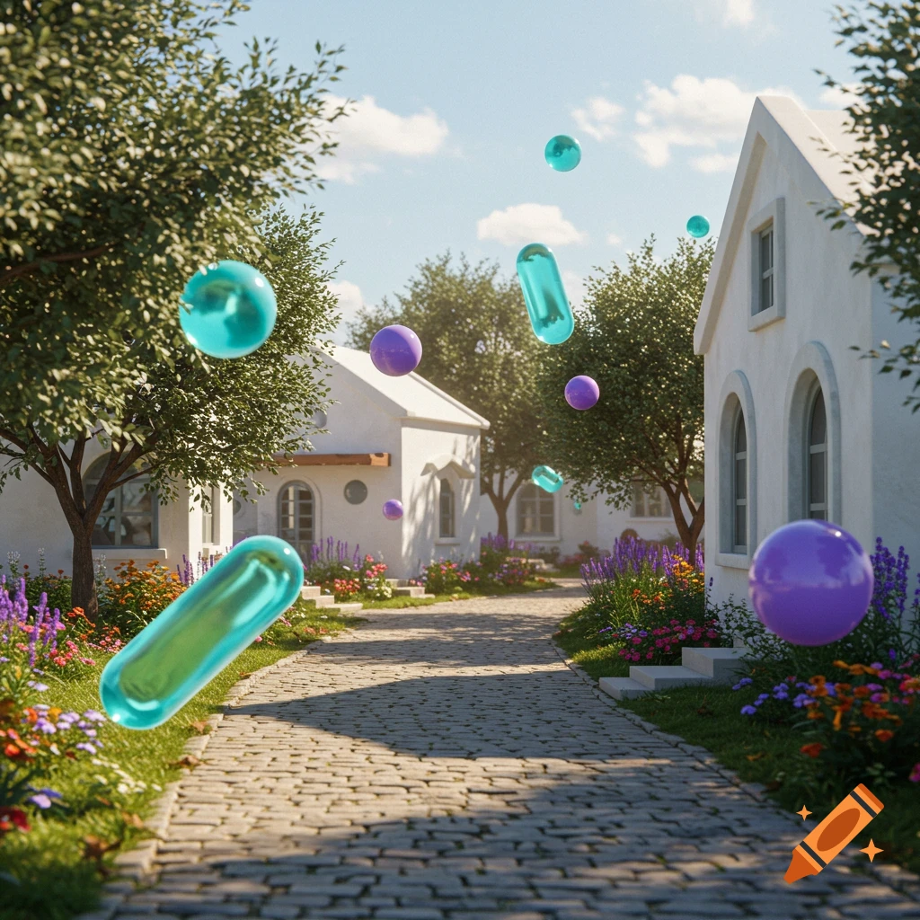 A sunlit cobblestone village street with white houses and trees, featuring floating turquoise capsules and purple spheres.