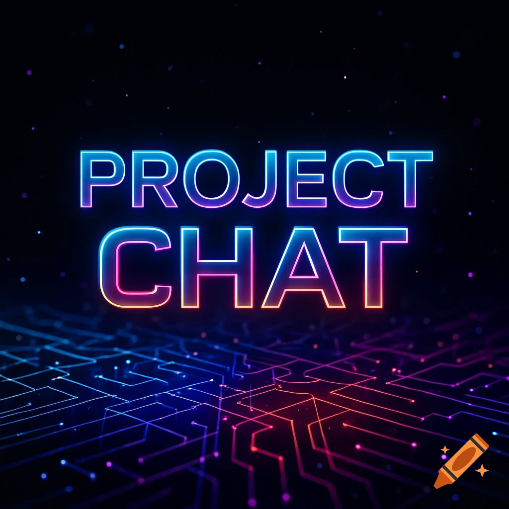 Neon glowing text 'PROJECT CHAT' over a dark background with blue and red abstract circuit board patterns.