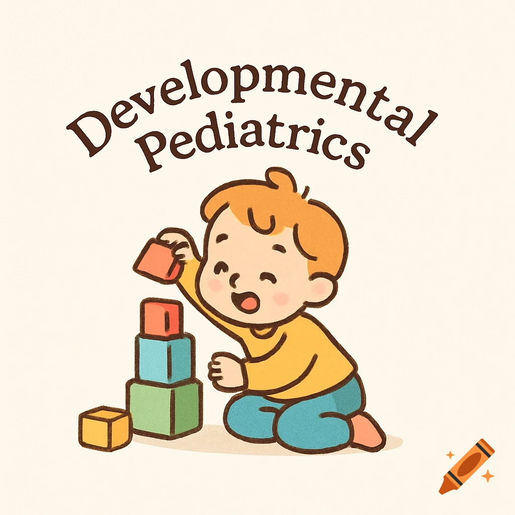 Cartoon illustration logo with a smiling child playing with colorful building blocks and the text 'Developmental Pediatrics'.