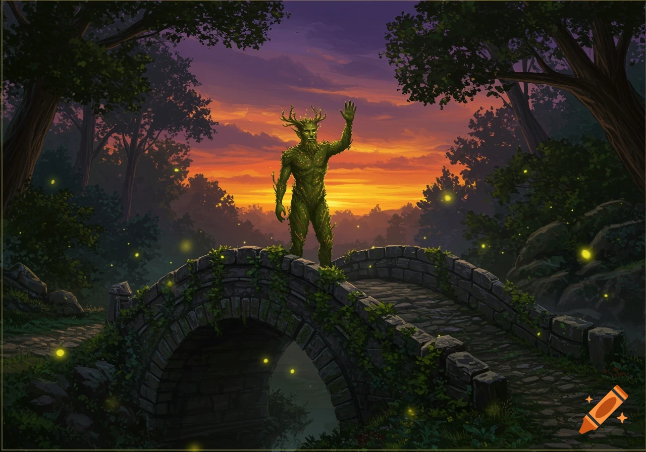 A green man with antlers waves from a mossy stone bridge surrounded by trees and fireflies at a vibrant sunset.